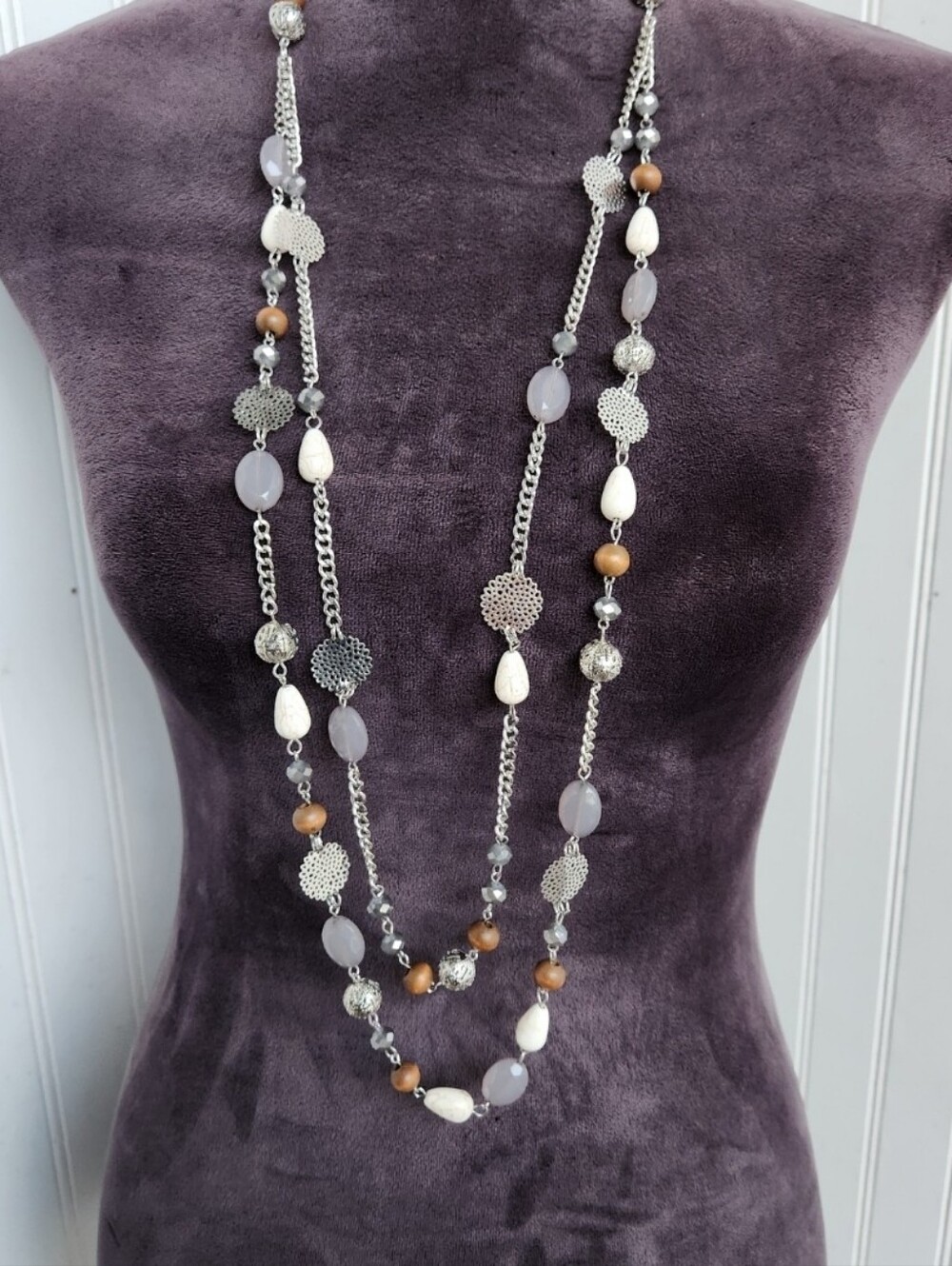 BOCAR Station Necklace Beaded Crystal Double Strand Statement Long 37"